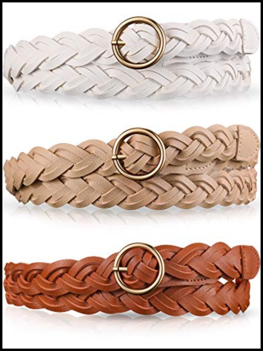 3pc Women's Braided Leather Belt Skinny Woven O Ring Buckle Belt for Jean Skirt